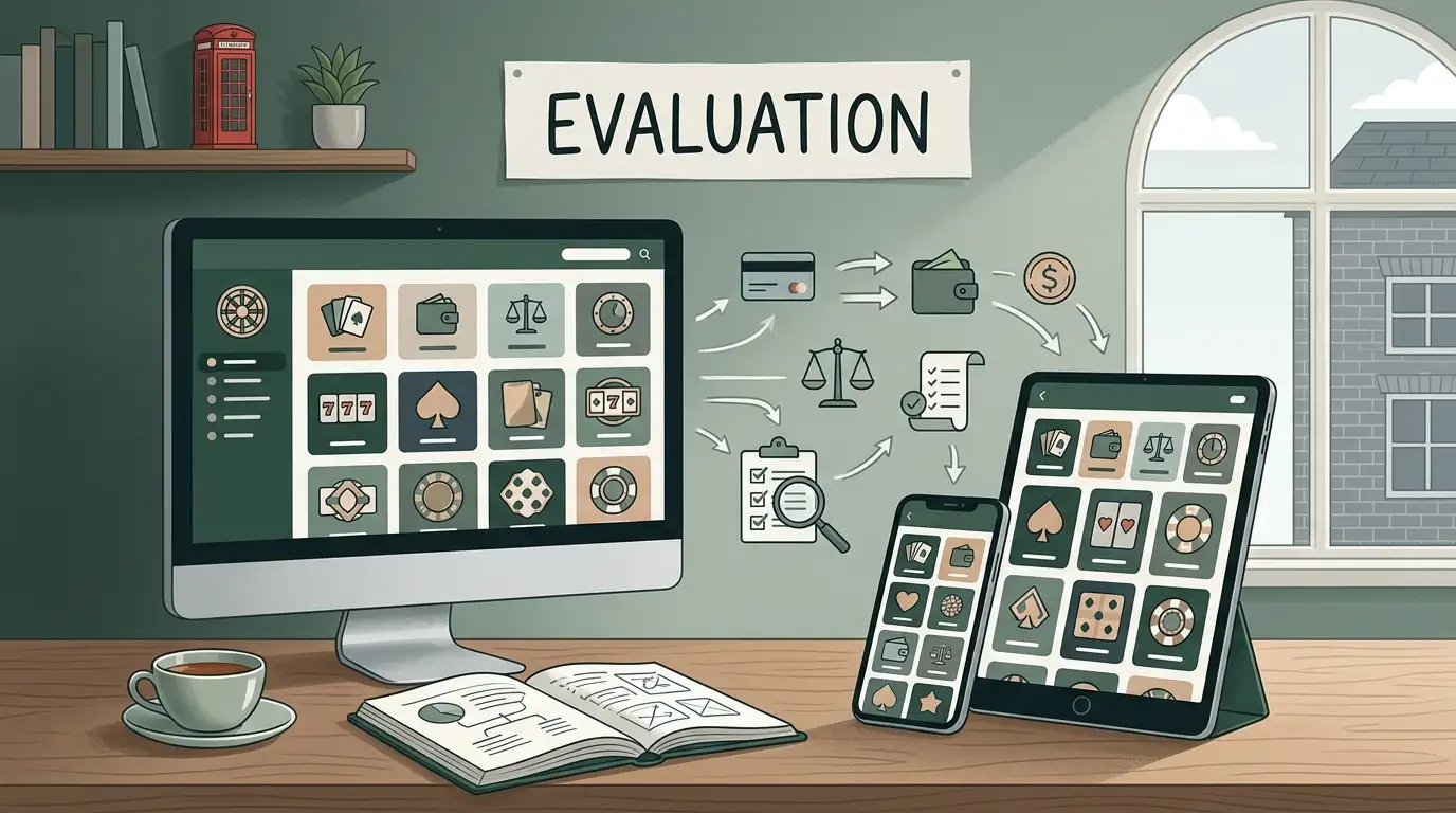 Editorial illustration representing a UK-focused online casino review