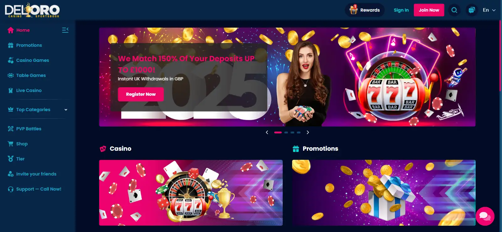 Current DelOro Casino public homepage interface