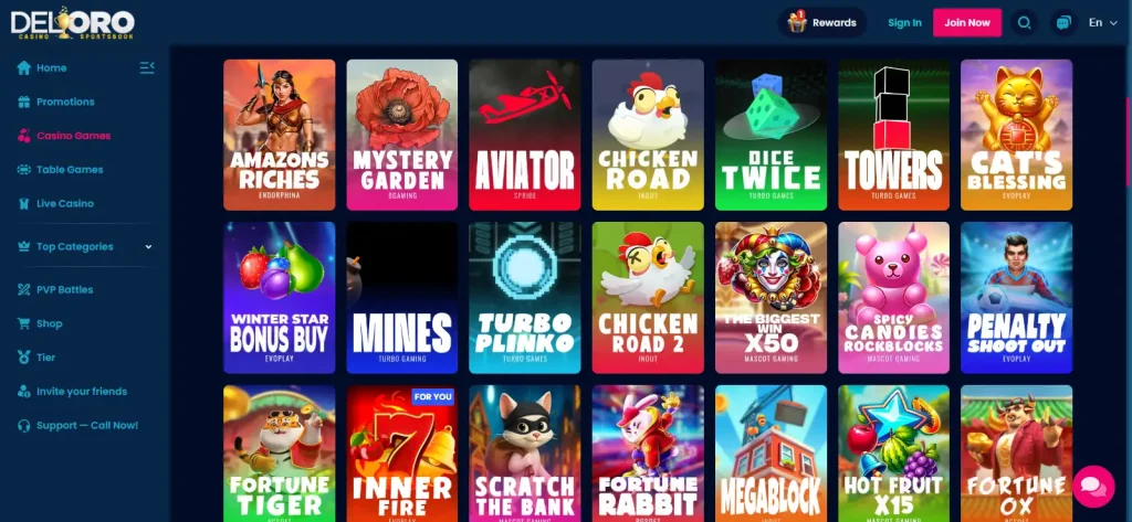 DelOro games lobby with game categories and provider navigation