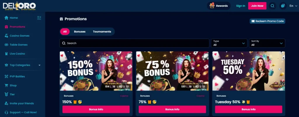 Current DelOro promotions page for checking live bonus terms