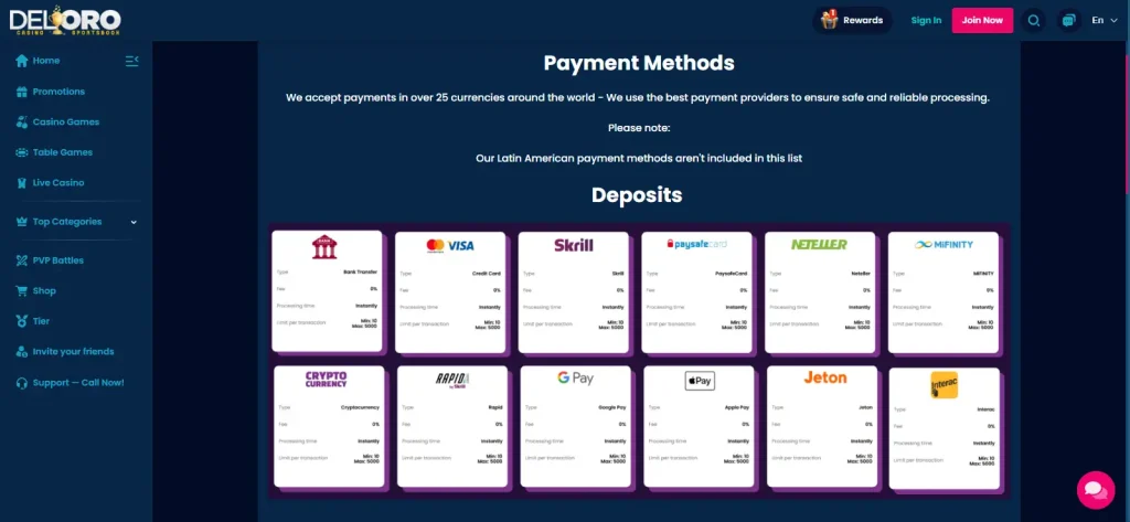 DelOro cashier showing current payment categories without personal account data