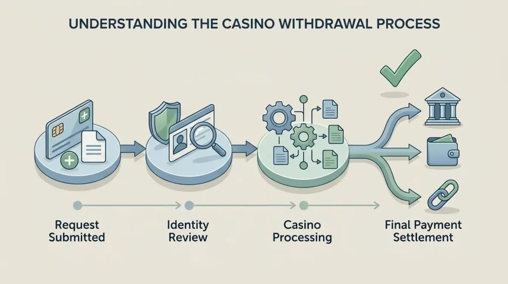 Withdrawal flow from request through KYC review, casino processing and payment settlement